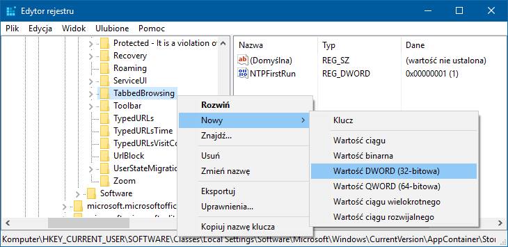 Tworzenie nowej wartości DWORD w kluczu TabbedBrowsing