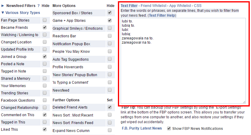 Dodaj polskie filtry do F.B. Purity, blokujące wyświetlanie polubień