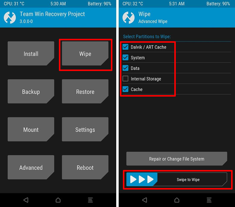 TWRP - zakładka Wipe