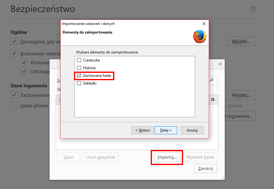Firefox - import haseł z Chrome