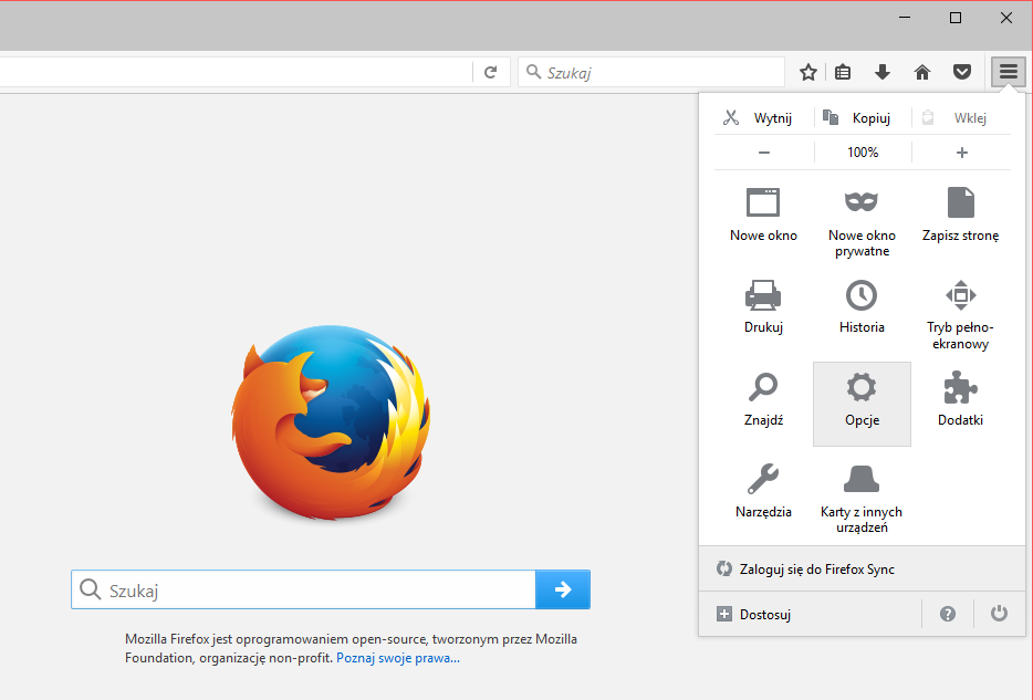 Firefox - menu programu