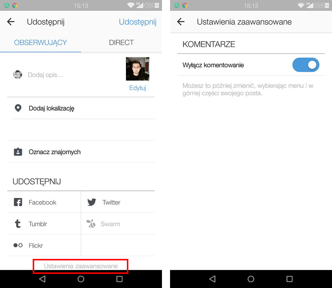Wyłączanie komentarzy w Instagramie pod nowymi zdjęciami