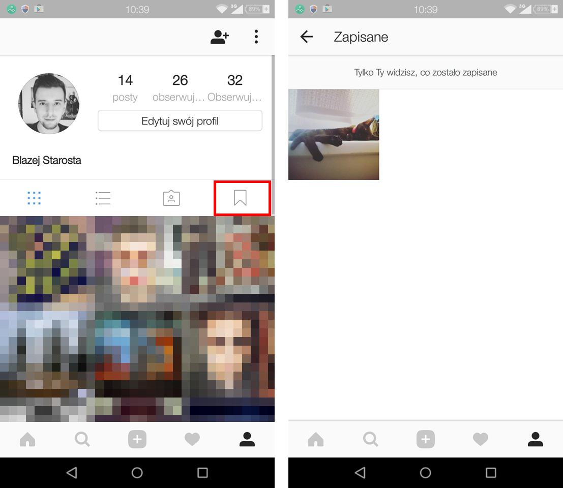 Instagram - zakładka z zapisanymi zdjęciami