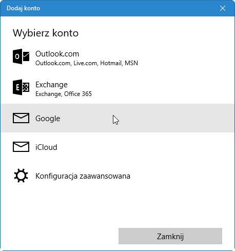 Wybór konta do dodawania w Kalendarzu Windows 10