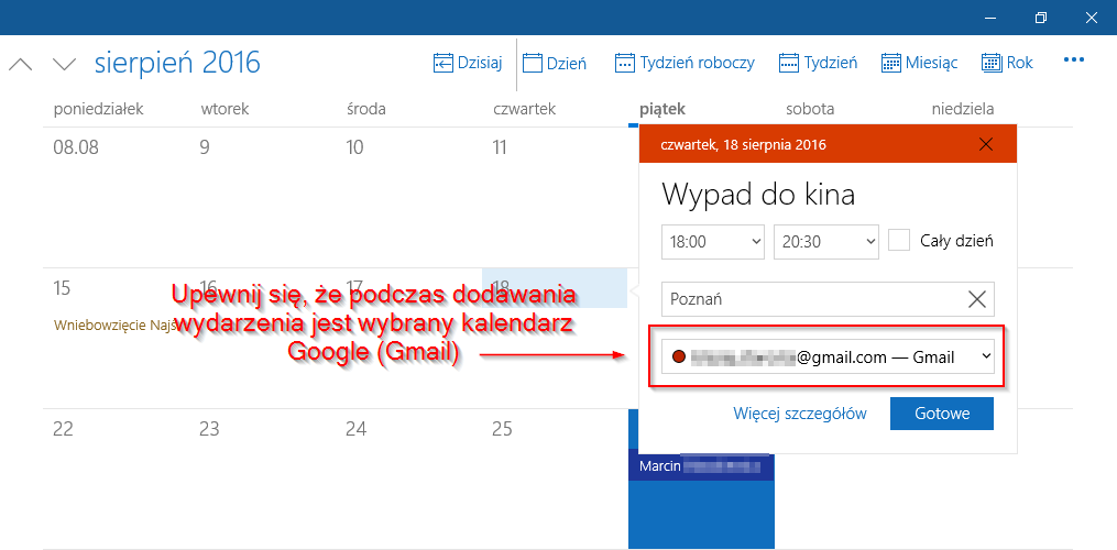 Dodawanie wydarzenia w Kalendarzu w Windows 10