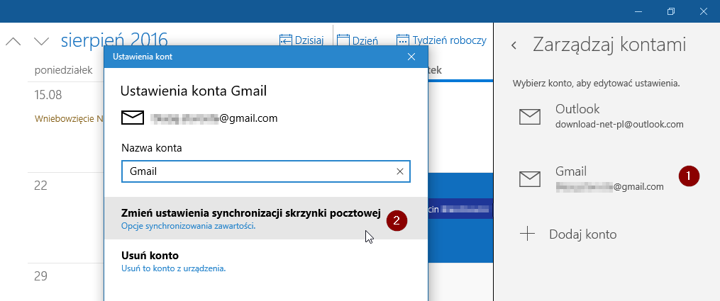 Ustawienia konta Gmail w Kalendarzu