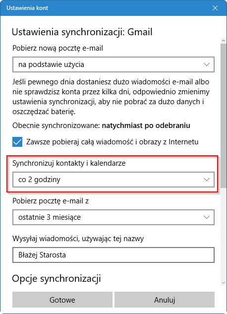 Ustawienia synchronizacji kalendarzy i kontaktów