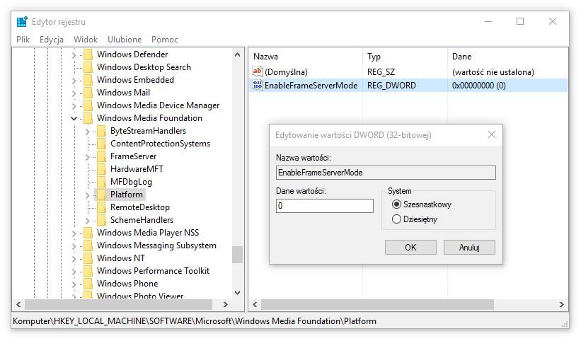 Tworzenie wpisu EnableFrameServerMode w kluczu Platform