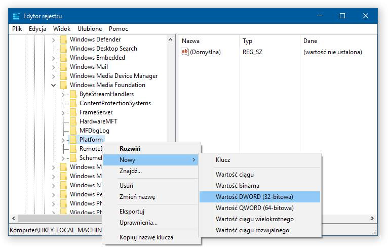 Tworzenie nowej wartości DWORD w kluczu Platform