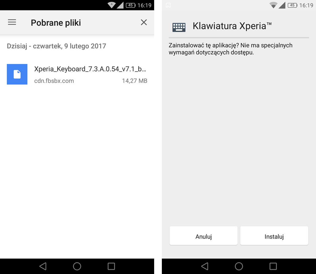 Instalacja klawiatury Xperia