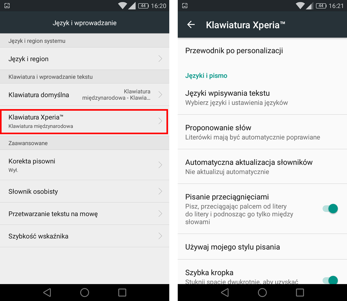 Wejdź do opcji klawiatury Xperia