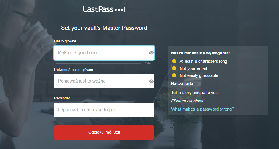 LastPass - tworzenie głównego hasła