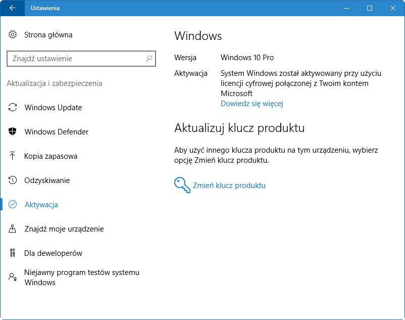 Aktywowany Windows 10 za pomocą licencji cyfrowej z konta Microsoft