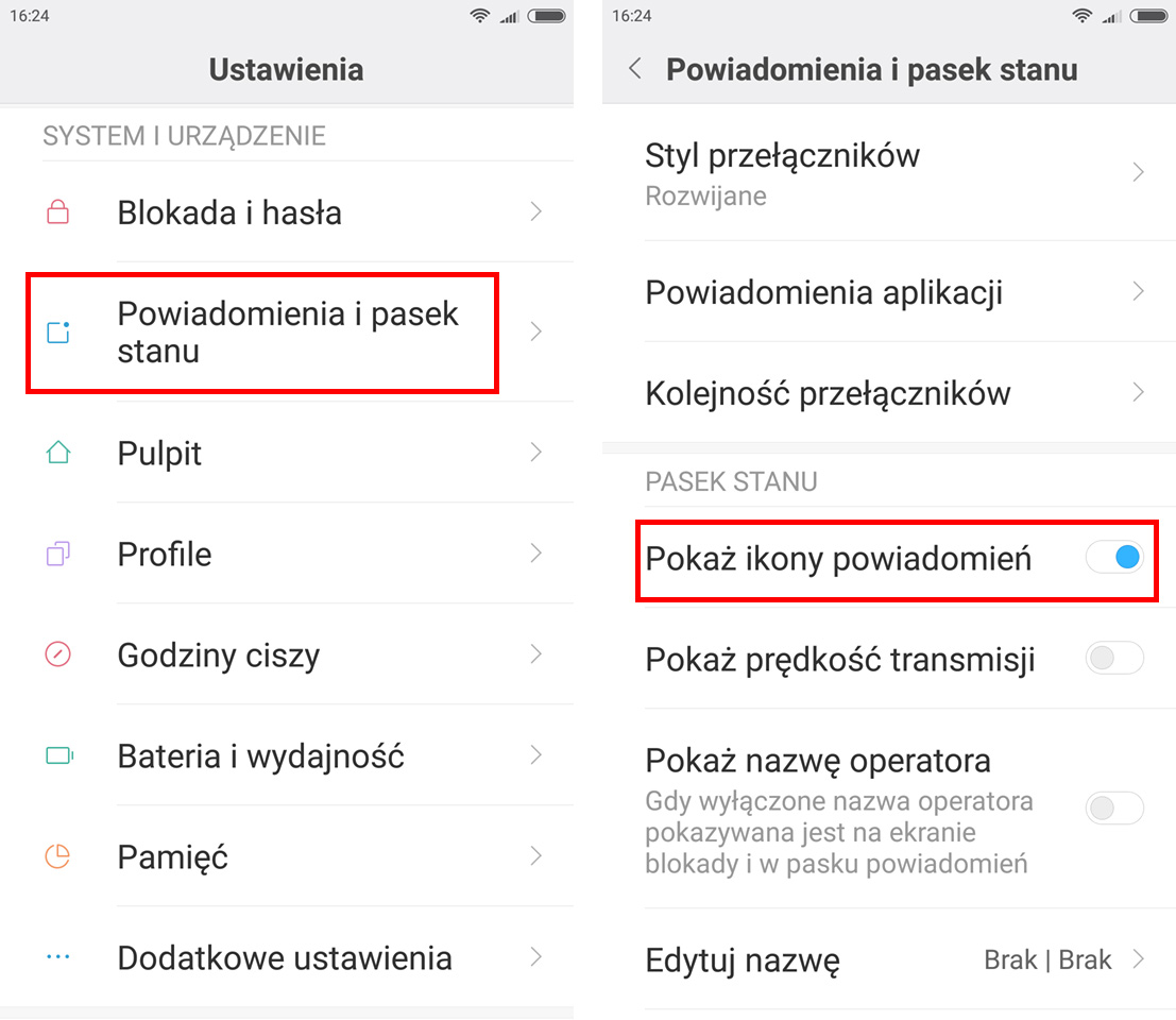 Włączanie ikon powiadomień w MIUI