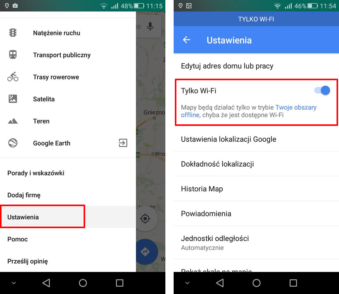 Włączenie trybu "Tylko Wi-Fi" w Mapach Google