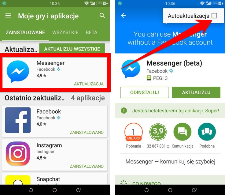 Sklep Play - wyłączanie autoaktualizacji Messengera