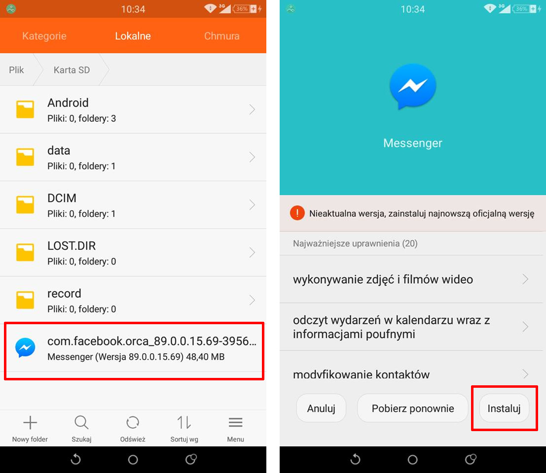 Instalacja Messengera z pliku APK