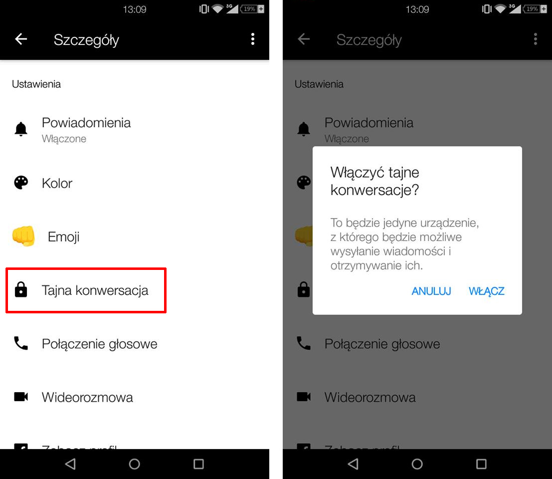 Włączanie tajnej konwersacji w Messengerze