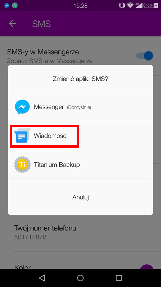 Messenger - zmień aplikację domyślną do obsługi SMS