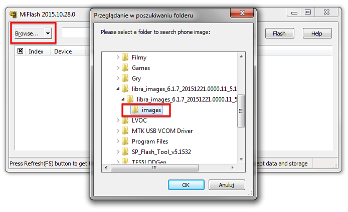 MiFlash - wskaż oprogramowanie