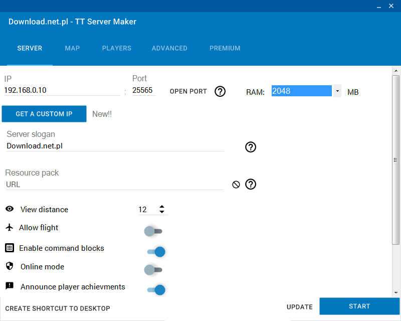 Ustawienia - zakładka Server