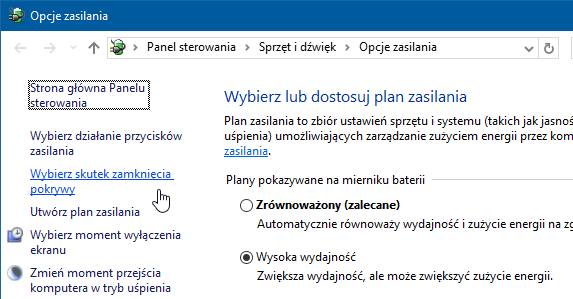 Wybierz skutek zamknięcia pokrywy