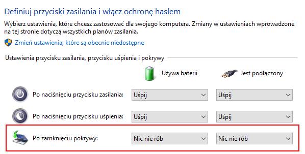 Zmień działanie laptopa po zamknięciu pokrywy