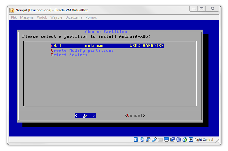 Wskaż swoją partycję wirtualną do instalacji Androida x86
