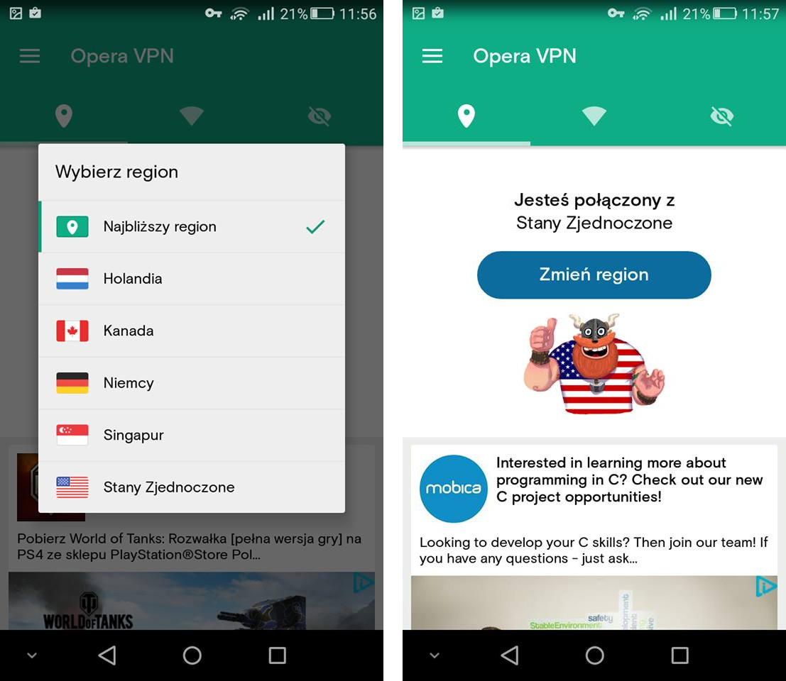 Opera VPN - wybór regionu USA