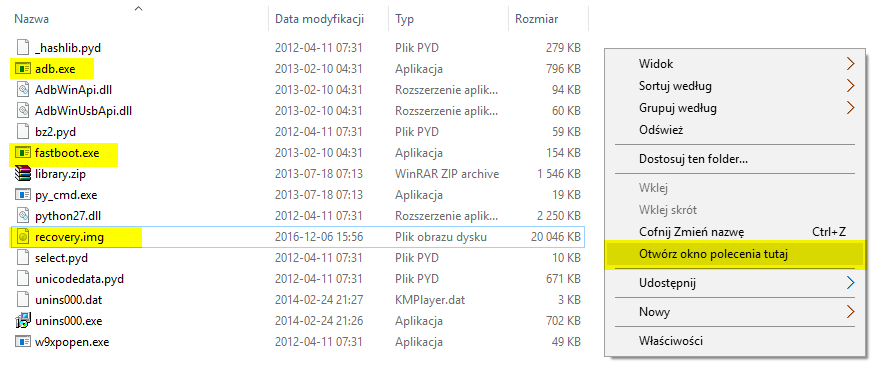 Otwórz okno polecenia w folderze ADB/Fastboot