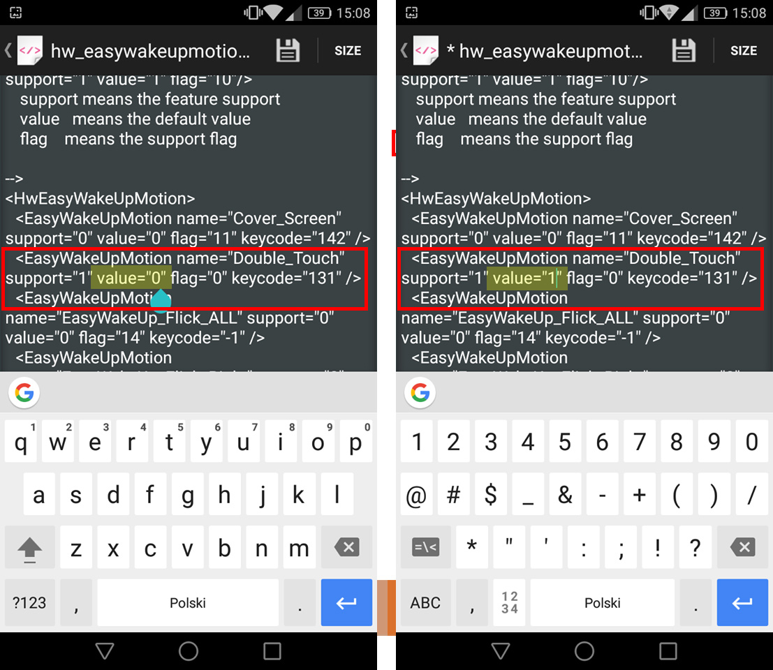 Edycja pliku hw_easywakeupmotion.xml