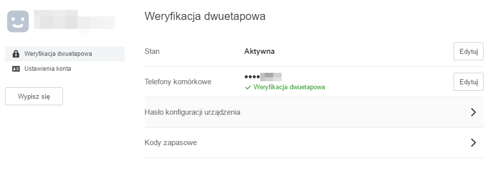 Opcje włączonej weryfikacji dwuetapowej