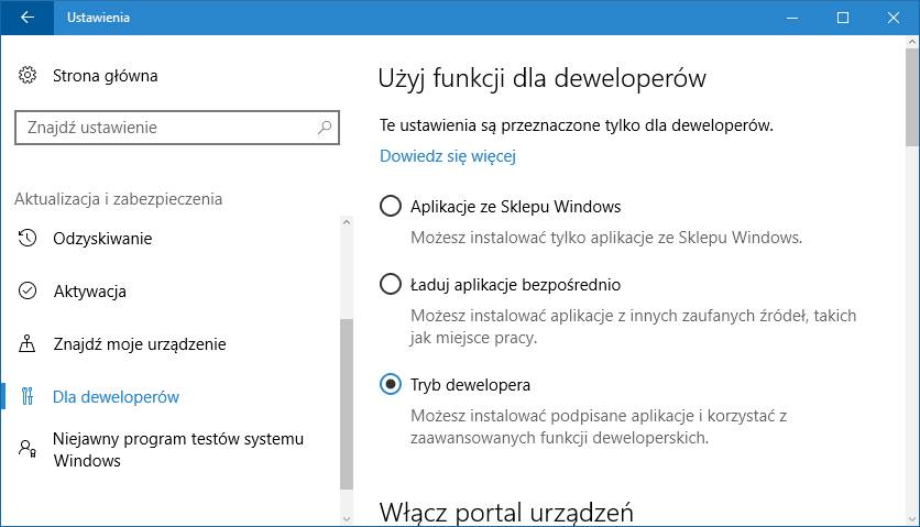 Windows 10 - ustawienia dla deweloperów