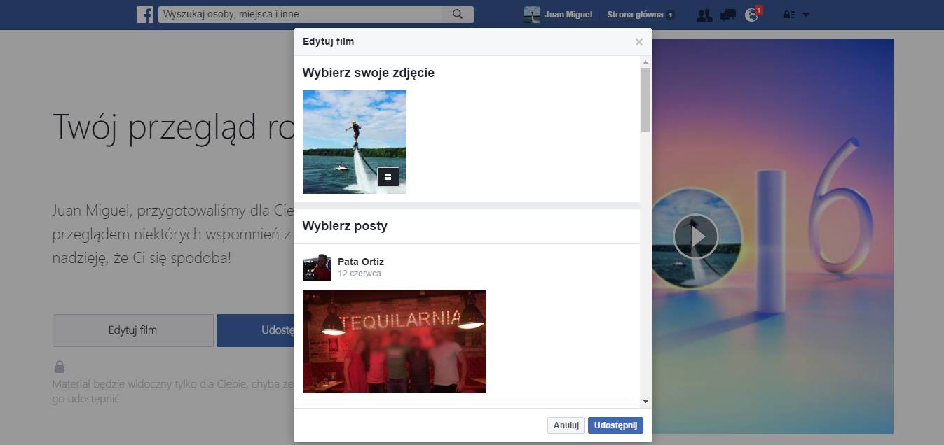 Edytowanie podsumowania roku 2016 na FB