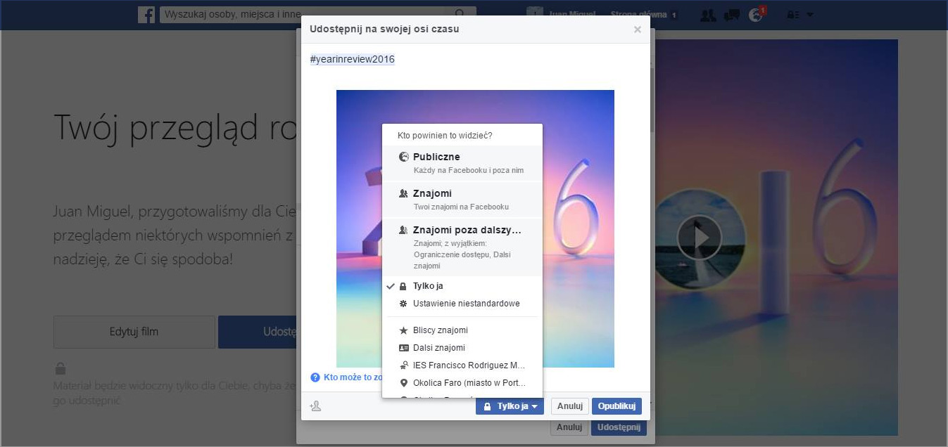 Udostępnianie filmu z podsumowaniem roku na FB