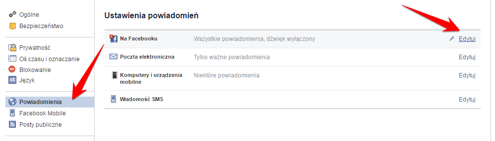 Ustawienia powiadomień na Facebooku