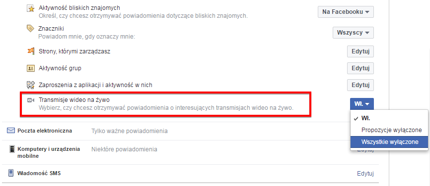 Wyłączanie powiadomień o transmisjach na żywo