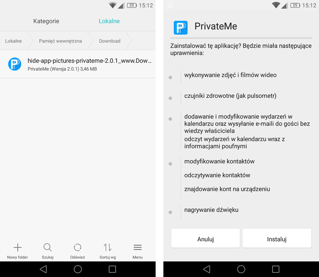 Instalacja PrivateMe z pliku APK