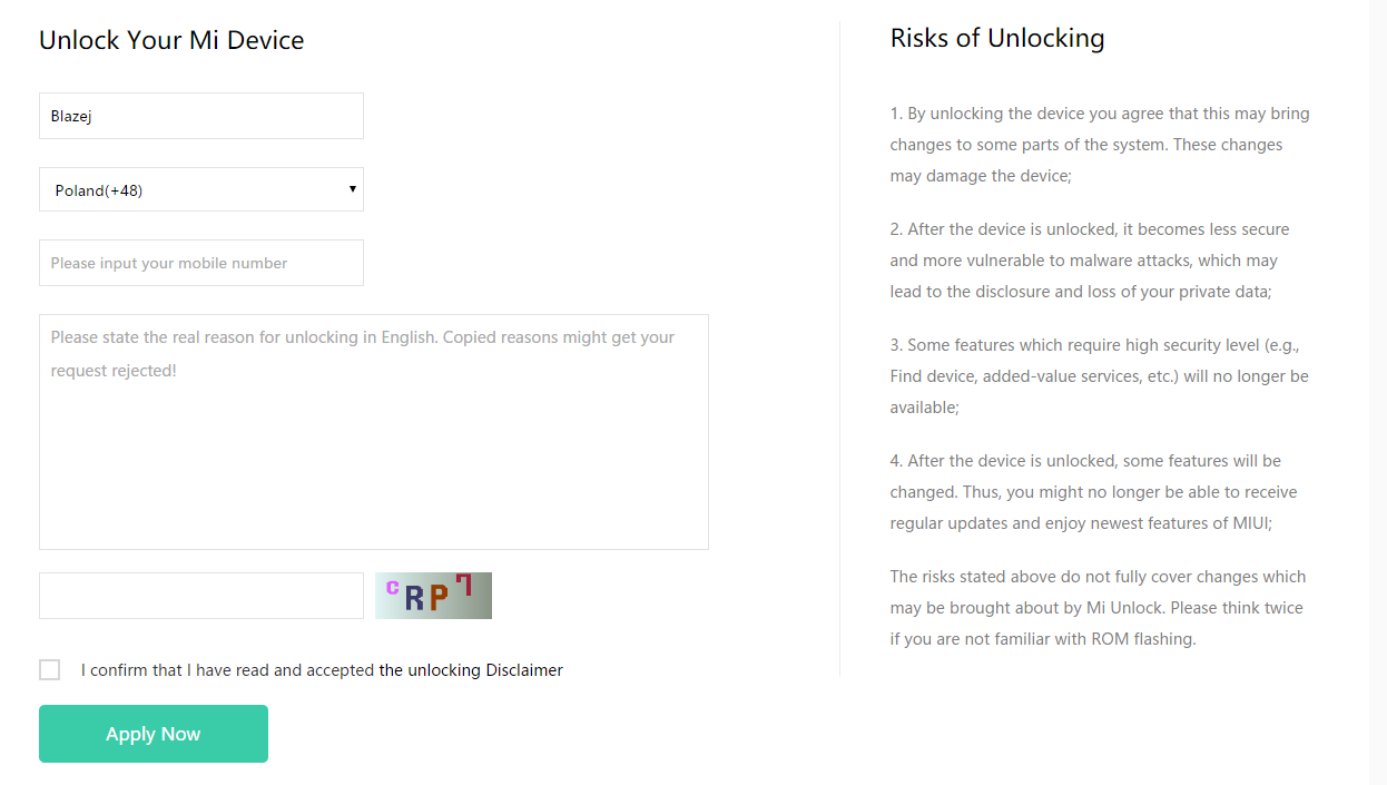 Formularz odblokowania bootloadera MIUI