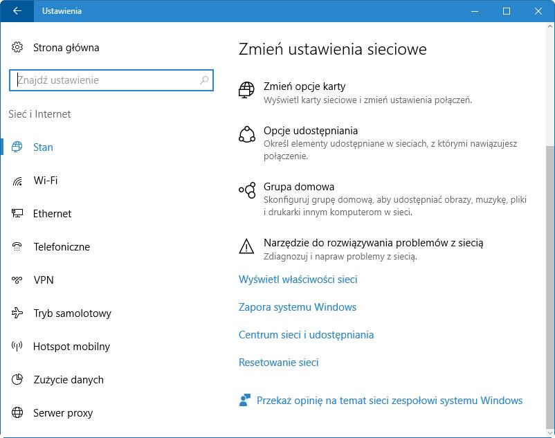 Ustawienia sieci i Internetu w Windows 10