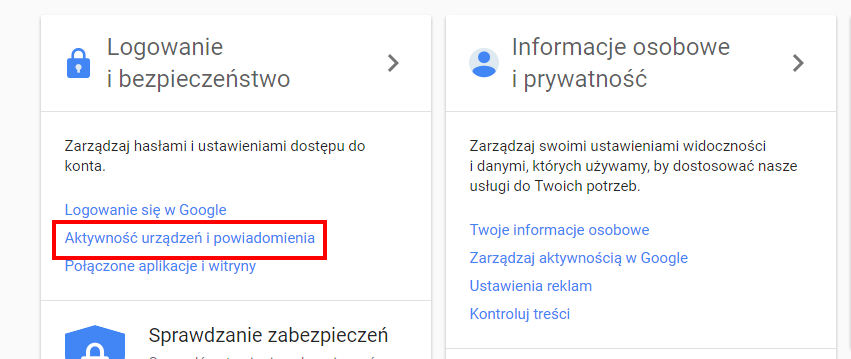 Google - ustawienia konta