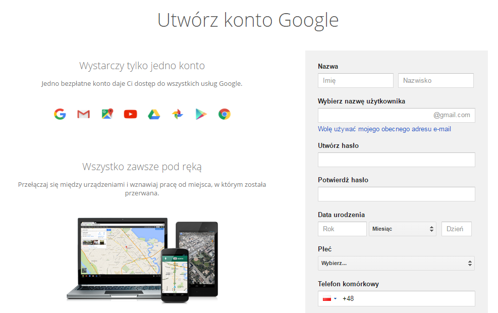 Utwórz nowe konto Google dla Androida