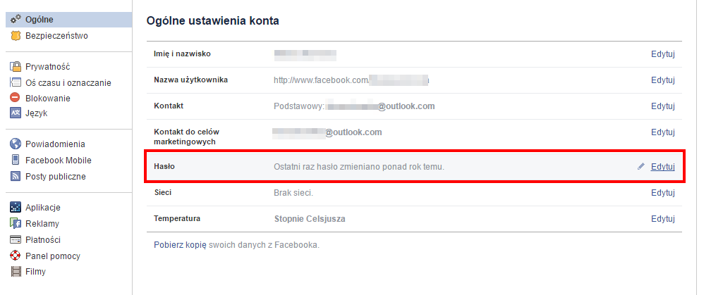 Zmiana hasła do konta na Facebooku
