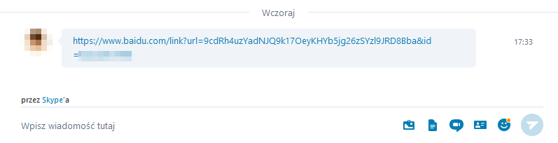 Skype - przykładowa wiadomość z wirusem Baidu