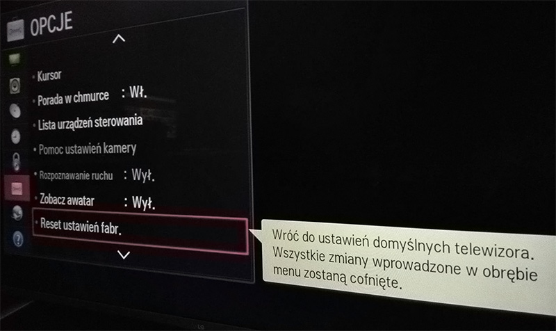 Przywracanie ustawień fabrycznych w telewizorze