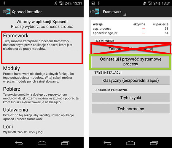 Xposed Installer - usuwanie