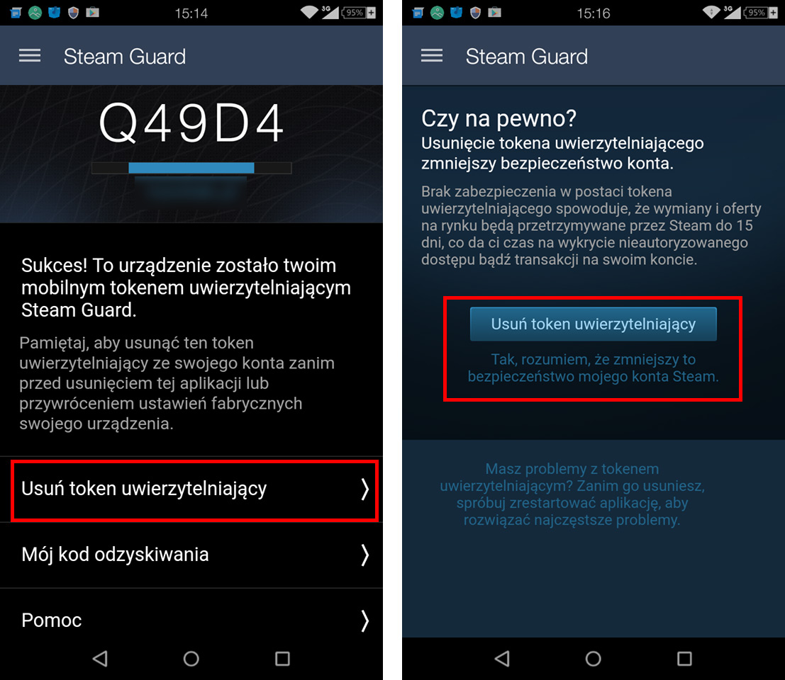 Usuwanie tokenu w opcjach aplikacji