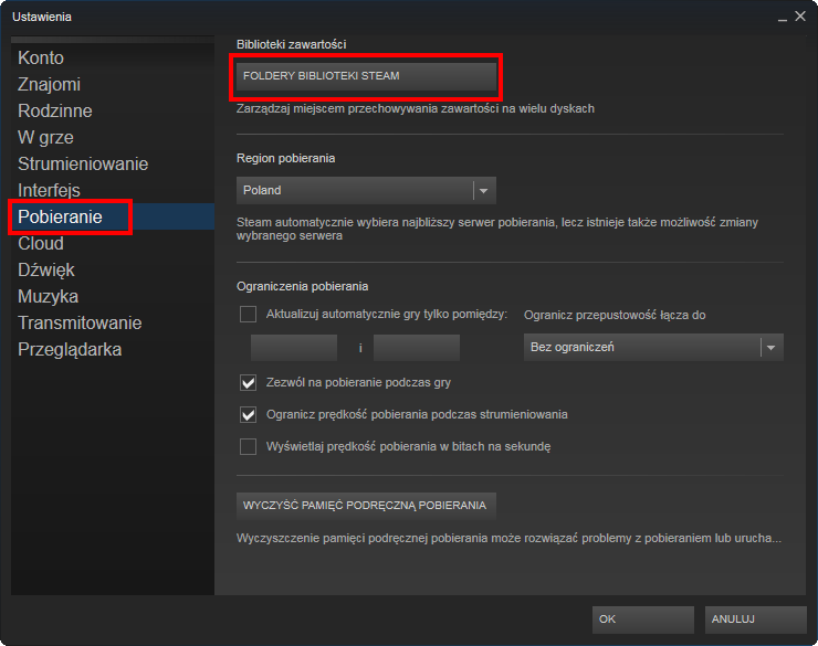 Ustawienia folderów Steam