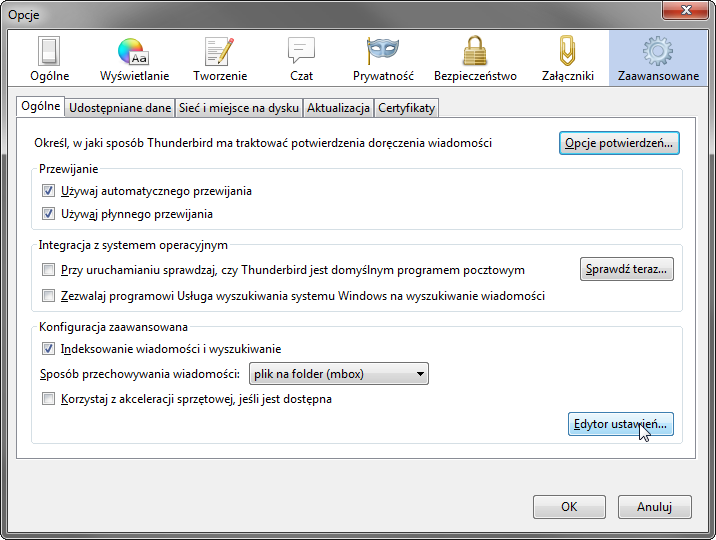 Włącz Edytor ustawień w Thunderbird