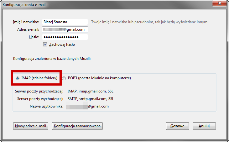 Konfiguracja nowego konta jako IMAP